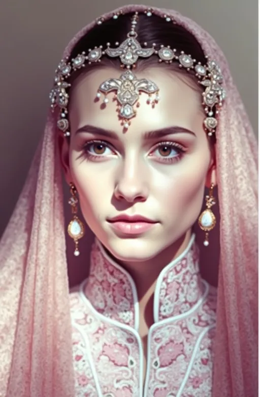 Prompt: The young woman, wearing a richly detailed, ornate veil, gazes thoughtfully with a serene expression, capturing a sense of grace and introspection. Her face radiates a soft glow, enhanced by the intricate decorations adorning her forehead and ears, each shimmering with its own story. The delicate patterns of her embellished attire blend harmoniously with the warm, muted tones of the background, creating a harmonious composition that highlights her features. The subtle play of light highlights her porcelain skin, adding depth to her soulful eyes, which seem to evoke curiosity. This image exudes a timeless elegance that reflects the Turks’ cultural richness and deep sense of identity.