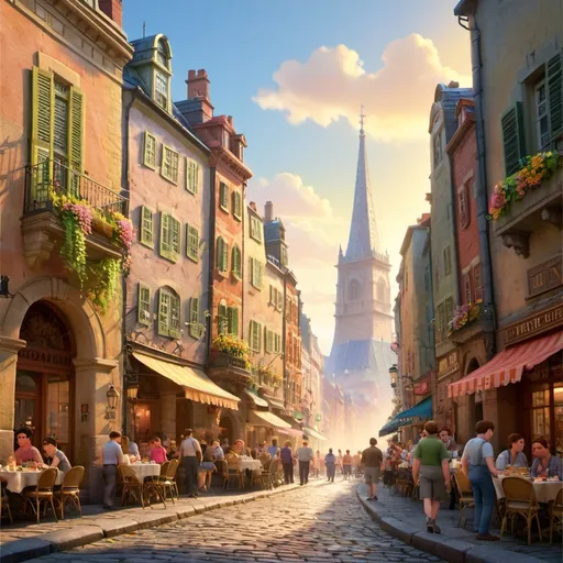 Prompt: Narrow cobblestone streets flanked by historic building facades lead toward the grandeur of a tall, ornate tower in the distance, suggesting a lively urban atmosphere. Bright sunlight bathes the scene, casting soft shadows on the walls, while a hint of cloud cover adds a serene touch to the midday sky. A couple strolls leisurely in the foreground, their backs turned to the viewer, as they head toward a bustling archway where a crowd of tourists gathers. Lively cafe seating adorned with vibrant flowers forms a vibrant border along the sides, enhancing the charming, inviting feel of this picturesque street in an old European city. The image captures a moment of exploration and connection with the rich history surrounding it.