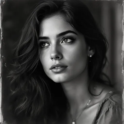 Prompt: A thoughtful young woman gazes into the distance, her expression a blend of introspection and calm. Soft, wavy hair frames her face, accentuating smooth features highlighted by subtle makeup, including defined eyebrows and dark eyeliner that draw attention to her expressive eyes. The image appears to be an old black-and-white photograph, with a soft focus that creates a nostalgic atmosphere, while the jewelry—a delicate necklace with a small pendant—adds a touch of elegance. The slight shadows and lighting suggest warmth, evoking a sense of timeless beauty and quiet strength, making the viewer wonder about her story and the emotions she holds within.