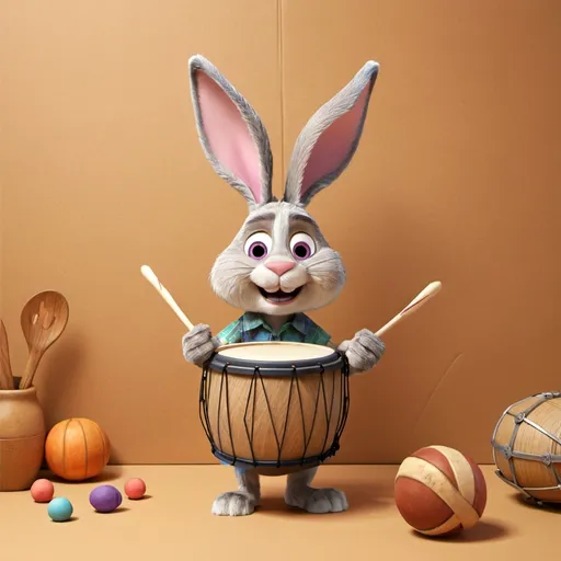 Prompt: The whimsical design features a cartoonish bunny enthusiastically playing a drum, conveying a sense of playful exuberance. His large ears and expressive eyes add character, while the vibrant colors of the drum, characterized by a zig-zag pattern, contrast with the aged beige paper background, enhancing the nostalgic feel of the artwork. The bunny’s paws clutch the drumsticks, suggesting a lively rhythm that is further enhanced by the slightly worn texture of the paper, hinting at its history. Overall, the illustration exudes youthful energy and invites the imagination, hinting at a moment of joyful celebration. Around him, in the background, the sun plays beautifully and there are many plants.
