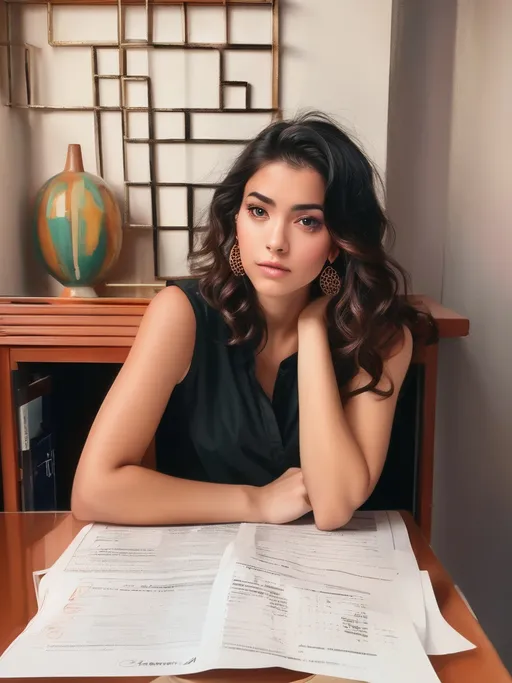 Prompt: A young woman gazes intently at the camera, her dark, wavy hair cascading down one side of her face. She wears a stylish black top with a subtle texture, complemented by eye-catching, geometric earrings that add a touch of elegance. The warm, orange background subtly enhances her features, creating a striking contrast with her vibrant green and brown eyes. The soft lighting accentuates her smooth complexion, and her slight smile reflects confidence and poise, inviting a sense of connection with the viewer. The overall composition exudes a blend of warmth and sophistication, capturing a moment of personal expression.