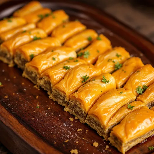 Prompt: Golden-hued pieces of baklava, adorned with glistening nuts, are beautifully arranged on a rich wooden platter, showcasing their intricate layers and syrupy sheen. The baklava pieces are cut into geometric shapes, revealing their flaky texture within, while whole walnuts and shelled halves are scattered around, adding to the rustic appeal. The background features a warm, earthy tone with a natural burlap texture, enhancing the inviting atmosphere of this delicious dessert. The soft lighting casts gentle shadows, emphasizing the rich colors and details, evoking a sense of indulgence and warmth, perfect for sharing during festive gatherings or special occasions.
