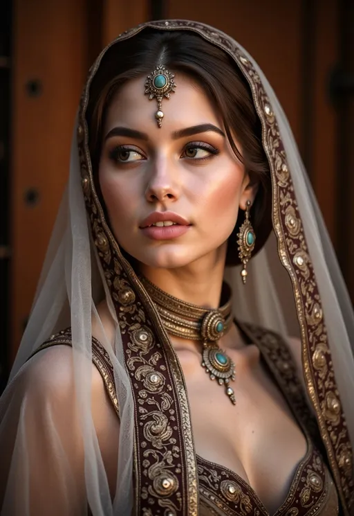 Prompt: The young woman, wearing a richly detailed, ornate veil, gazes thoughtfully with a serene expression, capturing a sense of grace and introspection. Her face radiates a soft glow, enhanced by the intricate decorations adorning her forehead and ears, each shimmering with its own story. The delicate patterns of her embellished attire blend harmoniously with the warm, muted tones of the background, creating a harmonious composition that highlights her features. The subtle play of light highlights her porcelain skin, adding depth to her soulful eyes, which seem to evoke curiosity. This image exudes a timeless elegance that reflects the Turks’ cultural richness and deep sense of identity.