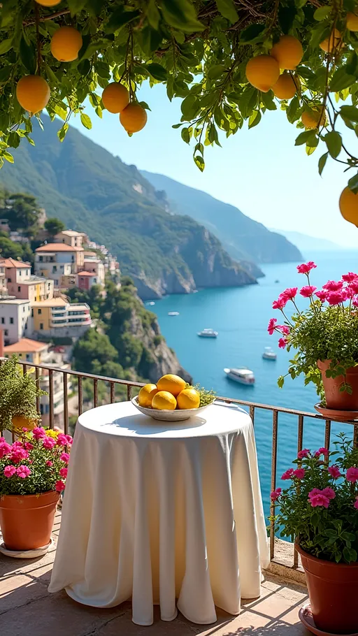 Prompt: A sunlit terrace adorned with vibrant potted geraniums in hues of pink and red overlooks the stunning coastline of Positano, Italy, where colorful houses cascade down the cliffside against a backdrop of lush green hills. Fragrant lemon trees hang overhead, their bright yellow fruits adding a pop of color to the serene scene. A small, round table draped in a white tablecloth showcases a bowl filled with fresh lemons, inviting a sense of warmth and hospitality. The tranquil blue sea glistens under the sunshine, while a few boats gently bob in the distance, enhancing the idyllic summertime ambiance, evoking feelings of relaxation and the delight of Mediterranean living.