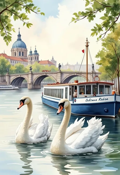 Prompt: Serene swans glide gracefully across the gently rippling waters of a river, their graceful forms reflected in the mirror-like surface beneath them. In the background, a picturesque cityscape unfolds, featuring charming domed buildings and the iconic silhouette of a historic bridge with statues adorning its edges, all set against a backdrop of soft clouds illuminated by the golden light of a late afternoon sun. A moored riverboat, painted in crisp blue and white hues, adds a modern touch to the timeless scene, its name elegantly displayed above the waterline. Lush greenery, including leafy branches nearby, frames the view, enhancing the tranquil atmosphere that envelops both the elegant birds and the bustling life of the city, creating a harmonious blend of nature and urban beauty.