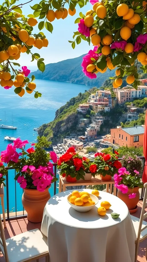 Prompt: A sunlit terrace adorned with vibrant potted geraniums in hues of pink and red overlooks the stunning coastline of Positano, Italy, where colorful houses cascade down the cliffside against a backdrop of lush green hills. Fragrant lemon trees hang overhead, their bright yellow fruits adding a pop of color to the serene scene. A small, round table draped in a white tablecloth showcases a bowl filled with fresh lemons, inviting a sense of warmth and hospitality. The tranquil blue sea glistens under the sunshine, while a few boats gently bob in the distance, enhancing the idyllic summertime ambiance, evoking feelings of relaxation and the delight of Mediterranean living.