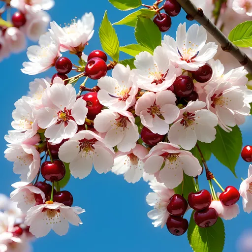 Prompt: Delicate cherry blossoms burst forth in a stunning display of white petals, accentuated by prominent pinkish centers, creating a beautiful contrast against the bright blue sky. Among these ethereal blooms hang plump, glossy red cherries, glistening under the sunlight, their deep color harmonizing with the fresh green leaves surrounding them. Soft, gentle light illuminates the scene, showcasing the intricate details of the blossoms and fruits, infusing the image with a lively springtime vibrancy. The composition draws the eye upward along the branches, inviting a sense of joy and renewal inherent to nature's cyclical beauty. This enchanting tableau conveys a message of abundance and the fleeting yet magnificent moments of blooming life.