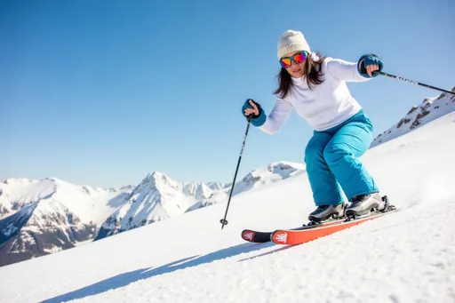 Prompt: A dynamic skiing scene featuring photorealistic adult woman e4f14cf2 with dark hair, sunglasses on head, white shirt with small patterns, gold earring skiing down a snow-covered mountain slope, wearing a vibrant light blue ski outfit with ski boots and gloves, completed by a white beanie and bright colored ski goggles. Positioned in the middle-right of the frame in an active skiing pose, the body leans slightly forward to showcase motion. The expression appears focused and engaged, oriented towards the lower-right area of the image. The winter landscape features a bright blue sky, snow-capped mountains, and expansive fresh snow. Bright sunny lighting emphasizes snow textures, with a slightly downward-angled perspective highlighting the ski run. Color scheme focuses on cheerful shades of blue, white, and light gray. The background includes additional mountains.