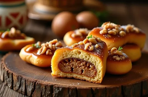Prompt: Golden and dark brown diamonds of the sweet confection, topped with whole walnuts, are artfully arranged on a rustic wooden surface, showing off their glossy, sugary glaze. Each piece reveals a rich, textured interior, hinting at layers of finely chopped nuts and perhaps a hint of spice, catching the warm light that softly illuminates the scene. A delicate, patterned basket is featured in the background, adding a cultural touch to the setting, while the overall ambiance suggests a cozy, inviting environment perfect for enjoying. The composition balances the delectable treats with the organic textures of the wood, creating a mouthwatering and visually appealing narrative of the traditional sweet.