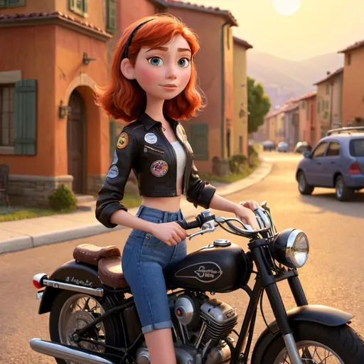 Prompt: A confident young woman poses on a motorcycle parked by a road, exuding a sense of adventure and style. She is dressed casually in a patterned shirt and shorts, paired with a sleek black helmet that adds to her biker aesthetic. The scene is set during dusk, with soft, warm light illuminating her and hinting at the nearby greenery and buildings in the background, which create a suburban feel. The motorcycle, a classic cruiser with chrome details and a prominent wheel, serves as a focal point, emphasizing her comfortable, laid-back demeanor. The overall mood is one of freedom and exploration, evoking a sense of wanderlust and youthful exuberance.