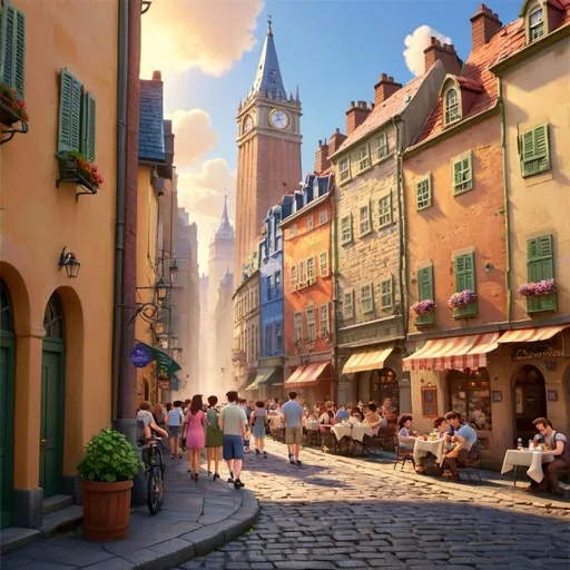 Prompt: Narrow cobblestone streets flanked by historic building facades lead toward the grandeur of a tall, ornate tower in the distance, suggesting a lively urban atmosphere. Bright sunlight bathes the scene, casting soft shadows on the walls, while a hint of cloud cover adds a serene touch to the midday sky. A couple strolls leisurely in the foreground, their backs turned to the viewer, as they head toward a bustling archway where a crowd of tourists gathers. Lively cafe seating adorned with vibrant flowers forms a vibrant border along the sides, enhancing the charming, inviting feel of this picturesque street in an old European city. The image captures a moment of exploration and connection with the rich history surrounding it.