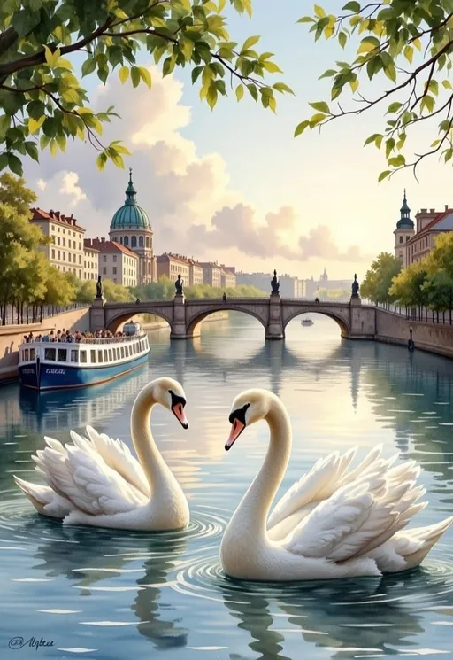 Prompt: Serene swans glide gracefully across the gently rippling waters of a river, their graceful forms reflected in the mirror-like surface beneath them. In the background, a picturesque cityscape unfolds, featuring charming domed buildings and the iconic silhouette of a historic bridge with statues adorning its edges, all set against a backdrop of soft clouds illuminated by the golden light of a late afternoon sun. A moored riverboat, painted in crisp blue and white hues, adds a modern touch to the timeless scene, its name elegantly displayed above the waterline. Lush greenery, including leafy branches nearby, frames the view, enhancing the tranquil atmosphere that envelops both the elegant birds and the bustling life of the city, creating a harmonious blend of nature and urban beauty.