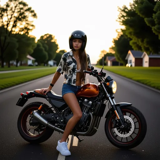Prompt: A confident young woman poses on a motorcycle parked by a road, exuding a sense of adventure and style. She is dressed casually in a patterned shirt and shorts, paired with a sleek black helmet that adds to her biker aesthetic. The scene is set during dusk, with soft, warm light illuminating her and hinting at the nearby greenery and buildings in the background, which create a suburban feel. The motorcycle, a classic cruiser with chrome details and a prominent wheel, serves as a focal point, emphasizing her comfortable, laid-back demeanor. The overall mood is one of freedom and exploration, evoking a sense of wanderlust and youthful exuberance.