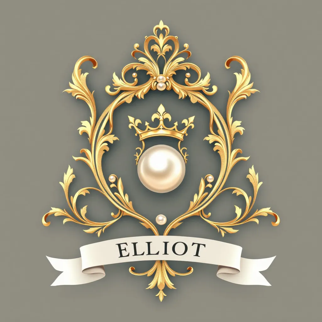 Prompt: A family crest for the name Elliott with gold, pearl 