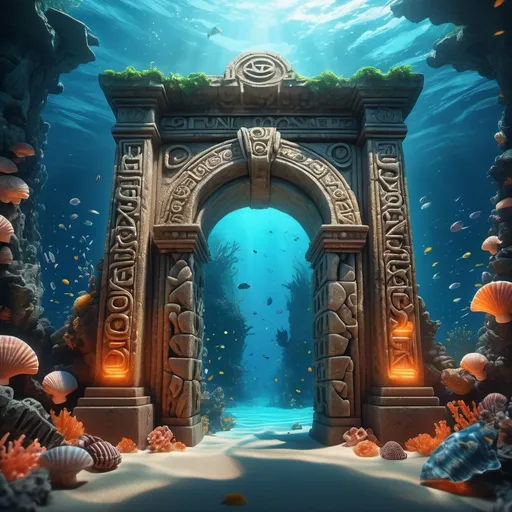 Prompt: ((masterpiece)), ((best quality)), 8k, high detailed, ultra-detailed, camera diving deeper into the ocean, a massive stone gate appears with ancient runes carved on it, glowing coral illuminating the runes that begin to shimmer, the stone gate creaks open slowly, revealing a vibrant underwater city, buildings made of luminescent seashells, glowing in various colors,
A massive stone gate opening to reveal an underwater city,
(ocean depths), ((stone gate with runes)), ((glowing coral)), (creaking sound), (underwater city), ((luminescent seashell buildings)), (colorful lights)