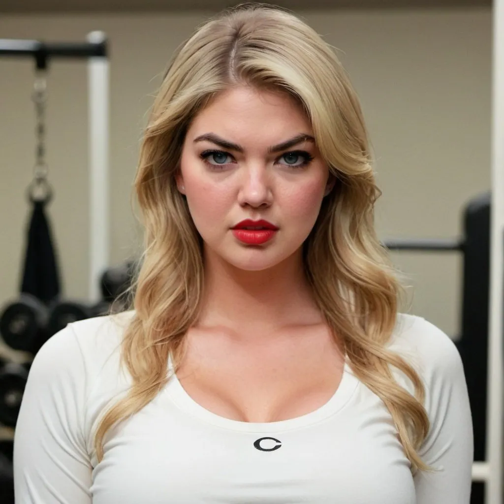 Prompt: Kate Upton looking straight at the viewer, wearing her white scoop neck shirt, cleavage showing, long sleeves, black sweatpants, long blond hair over her right shoulder, black eyeliner, red lips, sad, brown eyes, front view, close up, in her gym by herself 