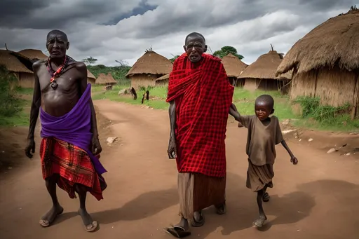 Prompt: Photo realistic high resolution 4K  horizontal image The village elder expressing concern as he brings the sick child back to the village. Far in the background we can see Maasai huts