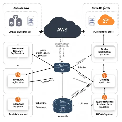 Prompt: Ansible orchestrates the migration of a primary database server from a USLV datacenter to AWS, depicted in a diagram showcasing the automated switchover process .. Develop attached image further. Show a building as on-premise and cloud as AWS .. show DB image inside both cloud and AWS, show connection between them which will depict the oracle stadnby database replication. Put a snall block in between this link depicting Ansible being used to switchover the roles of the two databases as part of the migration.

Second image looks better. Reduce elements. 1 DB as on-premise, 1 DB in AWS cloud, 1 block in between showing Ansible being user for switchover.
and one line between the 2 db;s showing standby replication thats ongoing.
