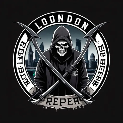 Prompt: (logo design) "The London Reapers", dark and edgy, featuring a scythe intertwined with London skyline elements, muted colors, strong contrast, urban graffiti style, gothic typography, (vintage aesthetic), sharp, modern layout, rebellious vibe, professional finish, urban streetwear feel, perfect for a gang theme.