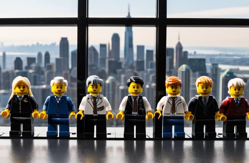 Prompt: 
7 Lego figures looking like board members standing in a window overlooking the city skyline in the background of the city. including women and men
