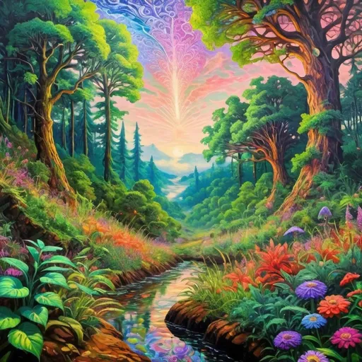 Prompt: oil painting of a dmt trip in nature