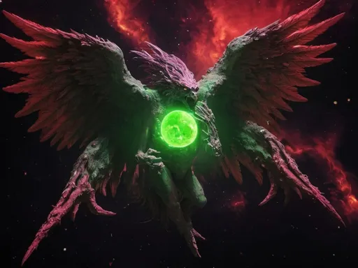 Prompt: Asteroid angel far away in a neon green universe the world is going to end in red with a monster from hell flying high nightmare phoenix lost in music of Satan 