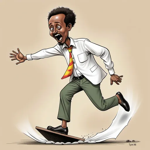 Prompt: A caricature of an ethiopian man slipping and falling down