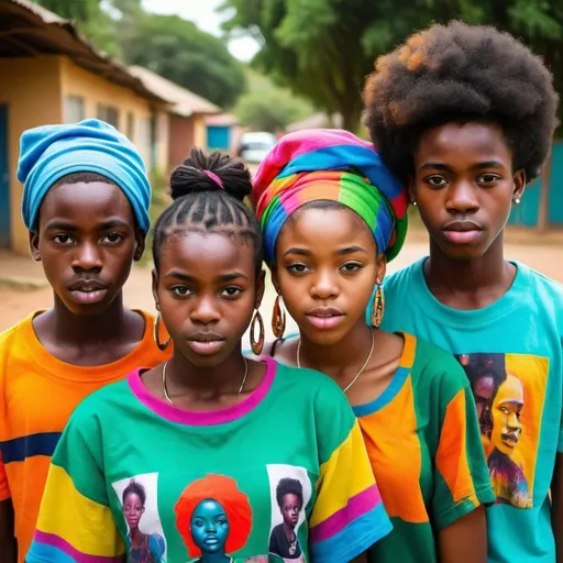 Prompt: Generate a colourful picture of 3 African teenagers, one should be a female, doing drugs
