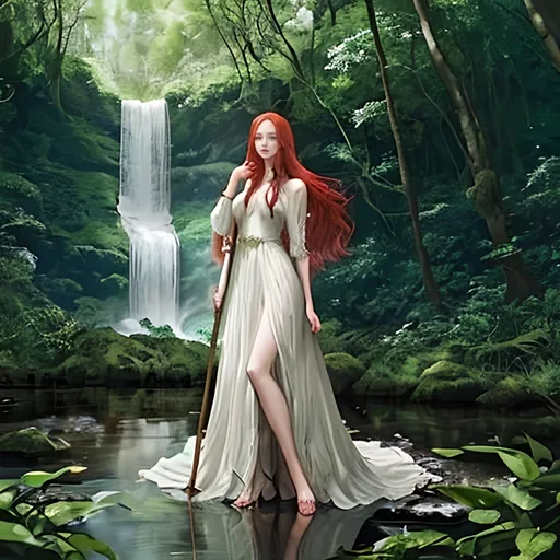 Prompt: beautiful confident woman wearing a long dress standing in a forest glade, waterfall in background, long distance, long red hair, woman holding a staff, woman looking at camera