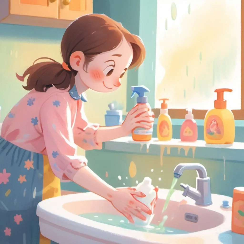 Prompt: A woman stands by a sink and washes her hands. She holds liquid soap in one hand.