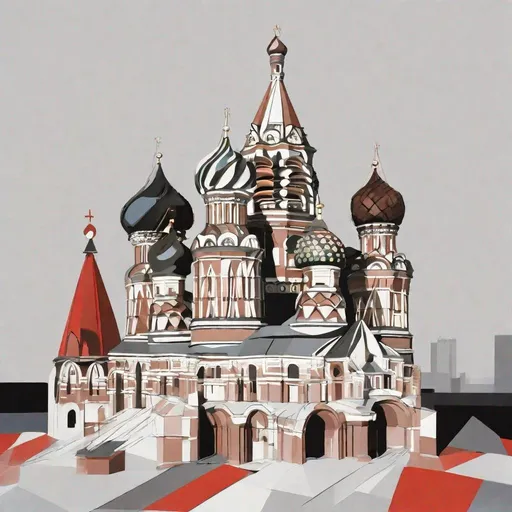 Prompt: In the style of El Lissitzky and Kazimir Malevich.  Russian Culture, soviet inspired, simple.   St Basils Cathedral