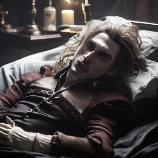 Prompt: sick Lestat de Lioncourt the vampir lying in hospital bed, fangs, ultra realistic, high-res