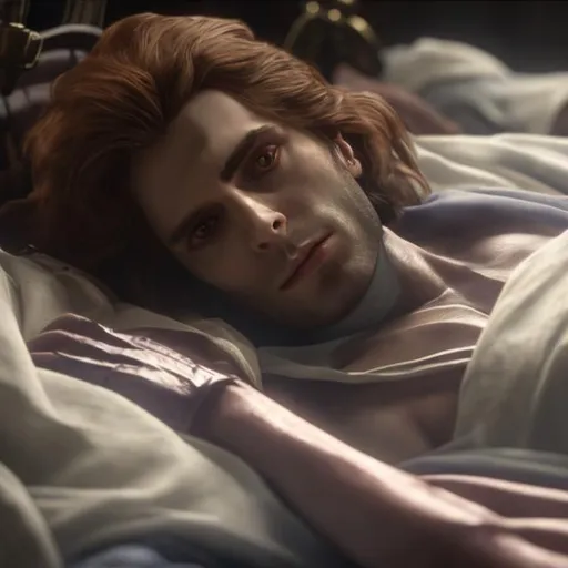 Prompt: Lestat de Lioncourt the vampire lying in hospital bed, ultra realistic, high-res