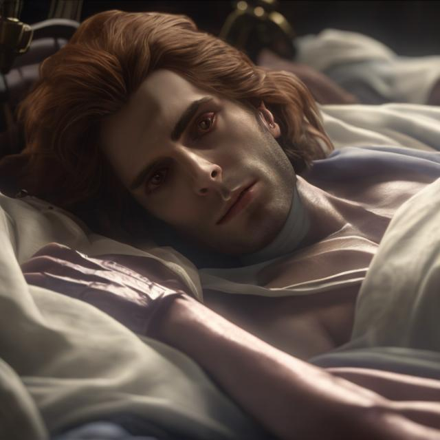 Prompt: Lestat de Lioncourt the vampire lying in hospital bed, ultra realistic, high-res