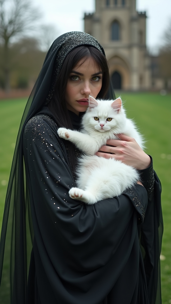 Prompt: Фотография женщины с черной вуалью держит пушистого белого кота, вся в блестках, на фоне зеленой травы и готического здания в Британии. 
Фотография сделана на поверхности HDR², в стиле симметрия фона яркого насыщенного HDR RTX render 3D, FullRAW+HDRRTX, HTTPS, IP.
v.2.5