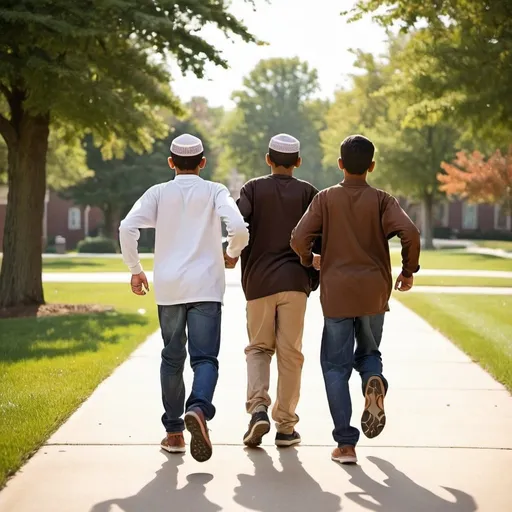 Prompt: 3 brown american muslim teenage boys from behind running


