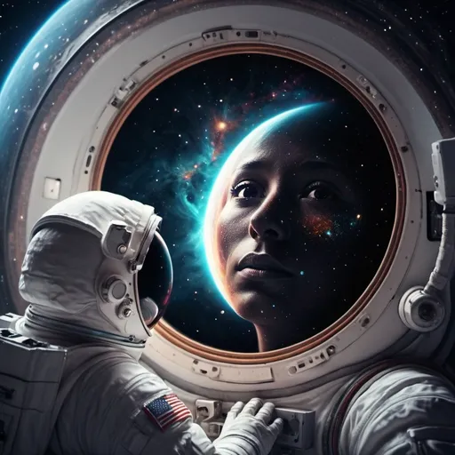 Prompt: Astronaut in deep space looking millions of stars nearby Black hole