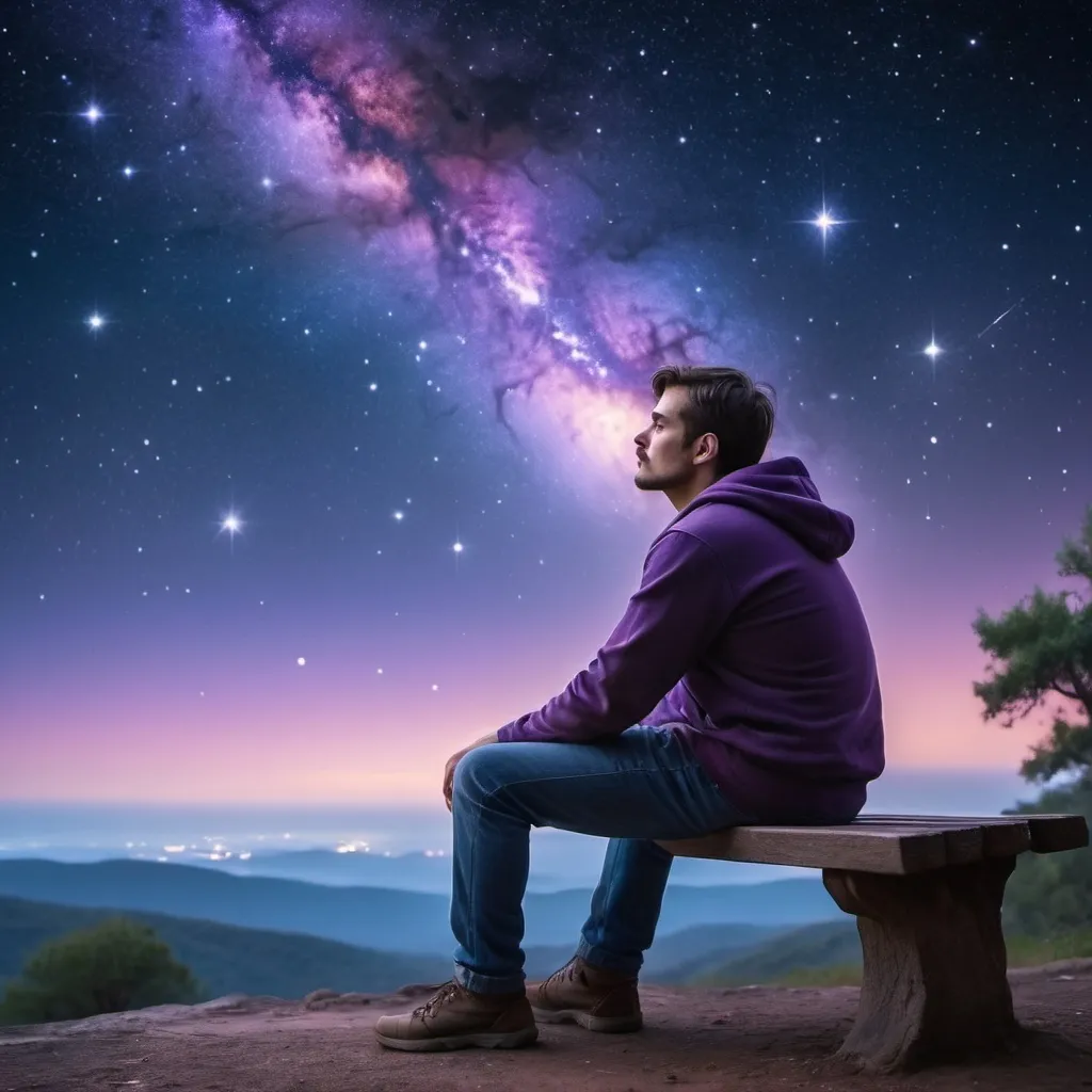 Prompt: Man with thinking position left hand behind the chin elbow on left Leg at Bench and watching galaxy