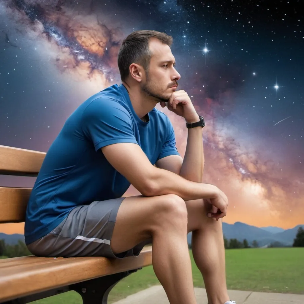 Prompt: Man with thinking position left hand behind the chin elbow on left Leg at Bench and watching galaxy