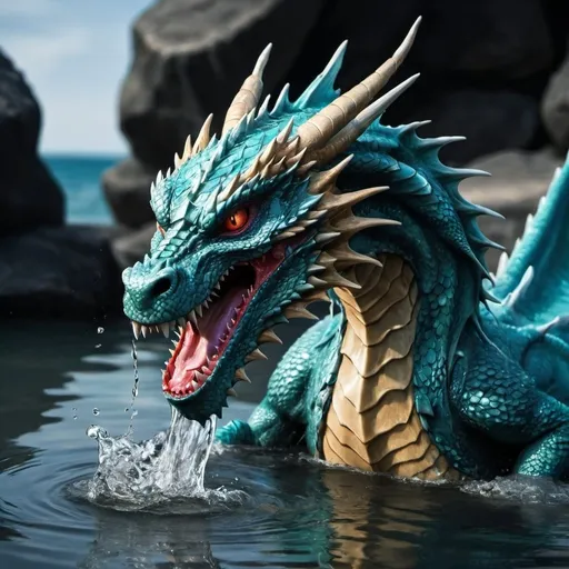 Prompt: fierce dragon emerging from water