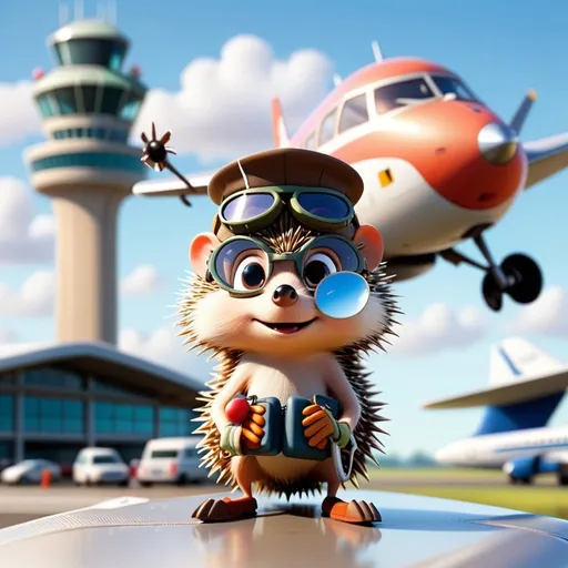 Prompt: A realistic image of an airport with a runway in the background, control tower, and airport terminals. In the foreground, there is a hedgehog holding onto a small wing or miniature airplane, floating in the air. The hedgehog has spiky quills and is wearing small aviator goggles. In the background, there are passengers waiting for their flights and baggage carts transporting luggage. The entire scene is well-lit with natural daylight, creating a realistic effect

