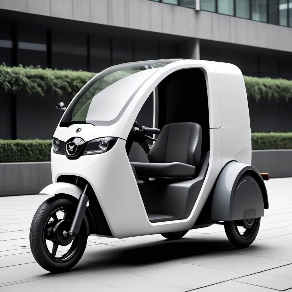 Prompt: A vehicle for three-wheeled urban transportation. With a body with a simple and minimal form, soft and small, with the ability to convert the rear seating space into a cargo compartment