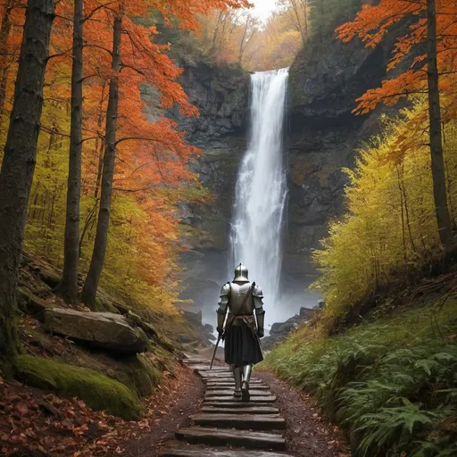 Prompt: The path ahead, knight walking, forest, fall season, waterfall