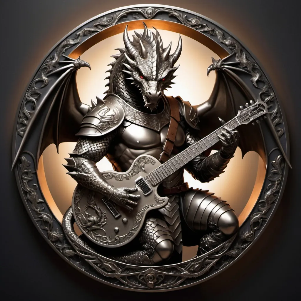 Prompt: Creative warrior holding a guitar, metallic art, fierce dragon, high quality, detailed, fantasy, medieval, epic battle scene, intricate metallic design, intense lighting, dramatic shadows, logo, circular, symmetrical