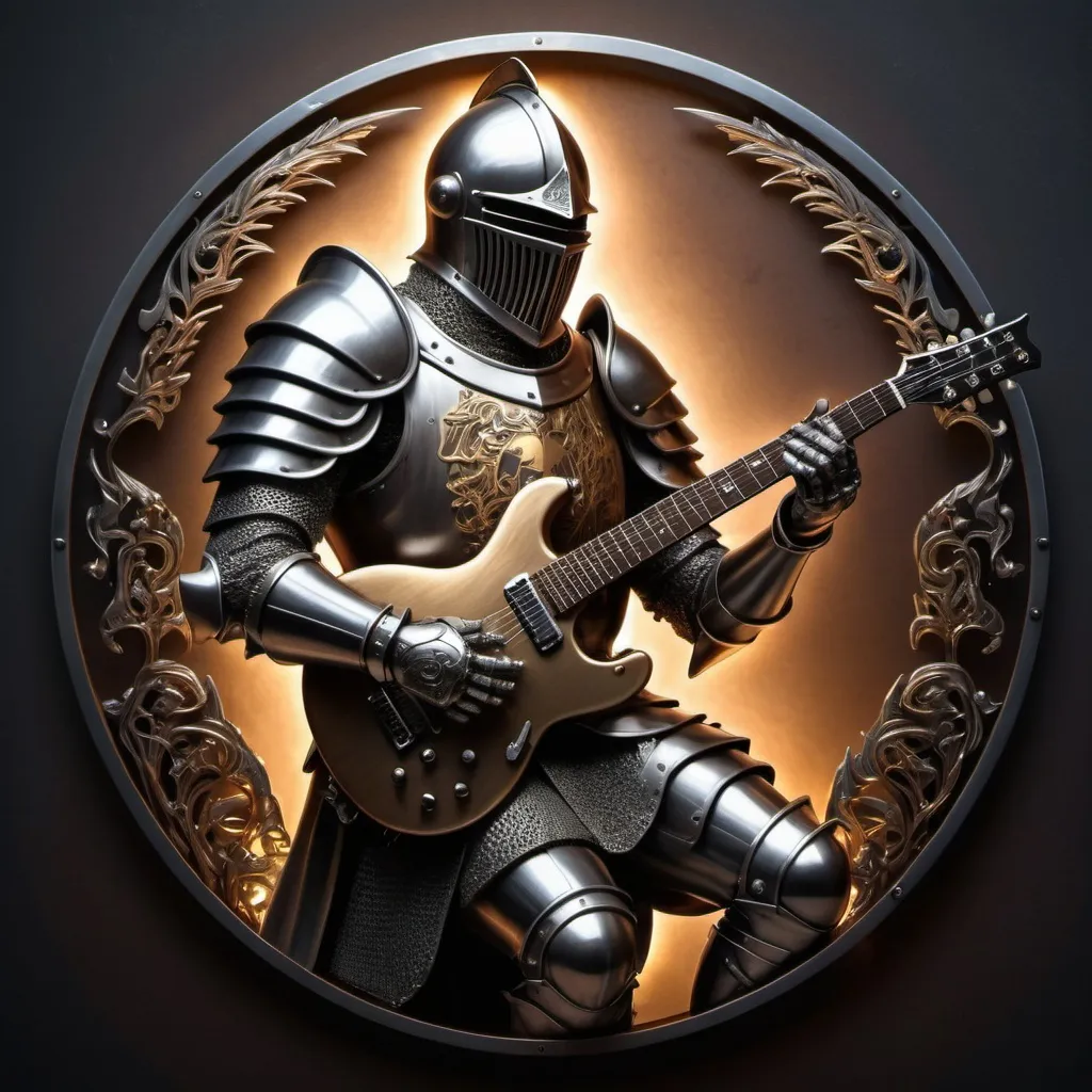 Prompt: Knight holding an electric guitar, metallic art, fierce warrior, high quality, detailed, fantasy, medieval, epic battle scene, intricate metallic design, intense lighting, dramatic shadows, logo, circular, symmetrical