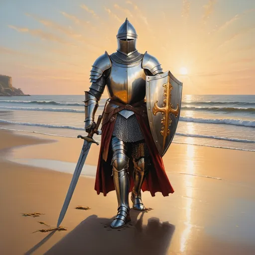 Prompt: Knight walking on the beach, sword and shield, golden hour lighting, realistic oil painting, detailed armor and weaponry, tranquil coastal setting, majestic and inspiring, high quality, realistic, golden hour lighting, detailed armor, vibrant colors, peaceful ambiance