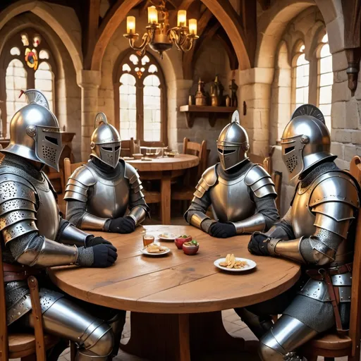 Prompt: Armored knights at the round table, helmets, intricate decoration, comical interpretation, vibrant and cartoonish style, medieval setting, exaggerated facial expressions, wooden furniture and props, high quality, comedic, vibrant colors, exaggerated characters, detailed and lively background, humorous atmosphere