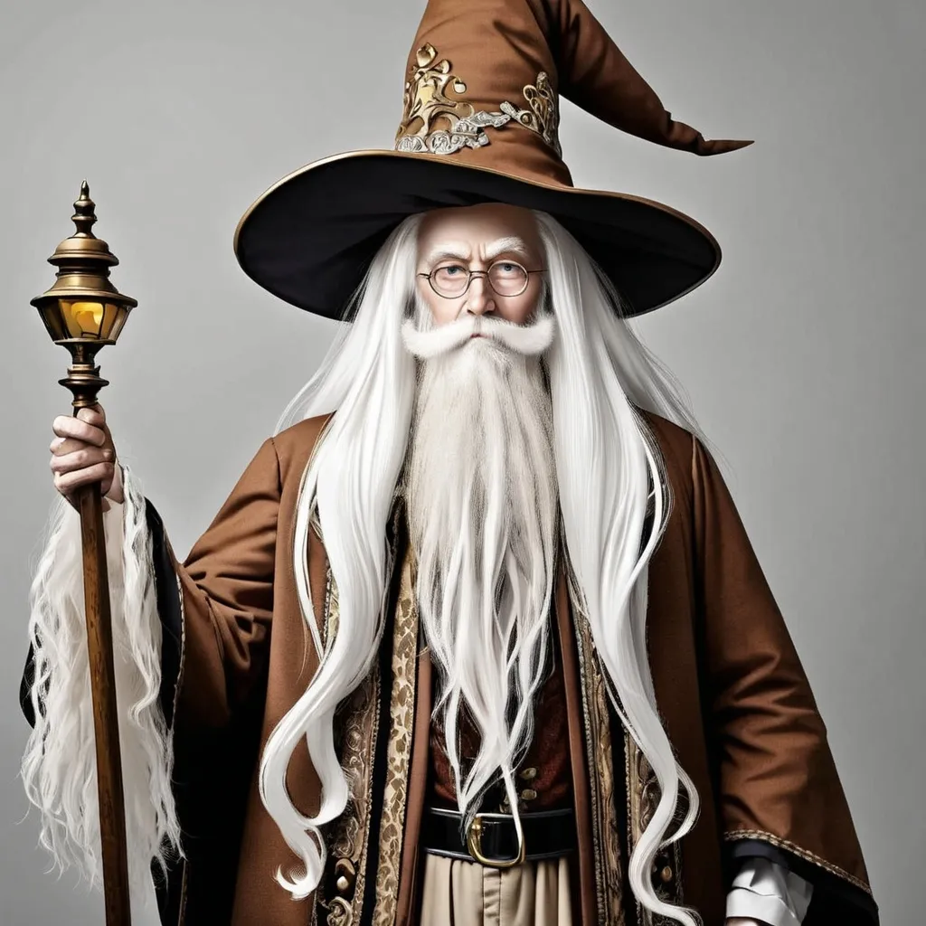 Prompt: Old wizard with long white hair and long beard, he wore a combination of 19th century clothes and 20th century fashion.