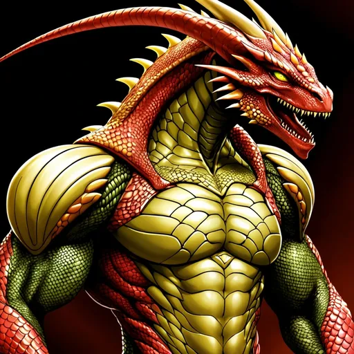 Prompt: He is Draconian Alien humanoid muscular, his scales color is red, he had reptilian dragon like eye, color eye is golden yellowish, he wore Alien power armoured.