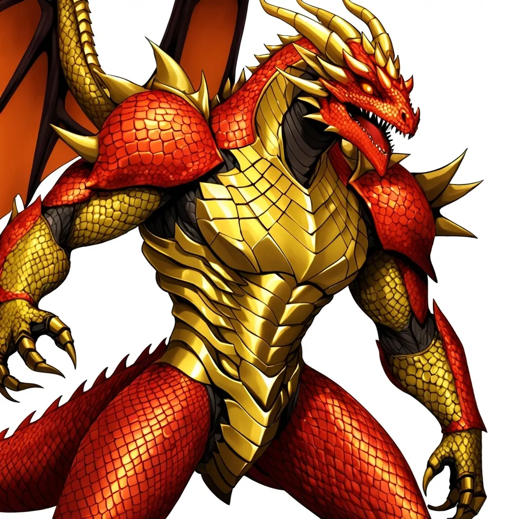 Prompt: He is Draconian humanoid muscular, his scales color is red, he had reptilian dragon like eye, color eye is golden yellowish, he wore Exo Powered Armor.